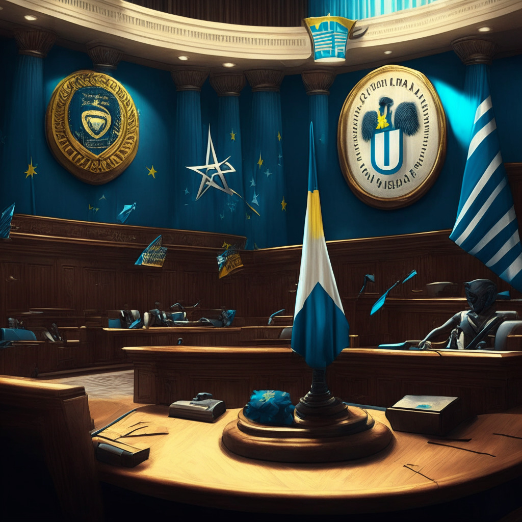 Intricate courtroom scene, gavel in action, Bahamian and US flags, crypto elements like coin & blockchain, contrasting futuristic and classic styles, dim yet focused light on key details, tense atmosphere, visible jurisdictional conflict, underlying caution, no brands/logos, 350 characters.