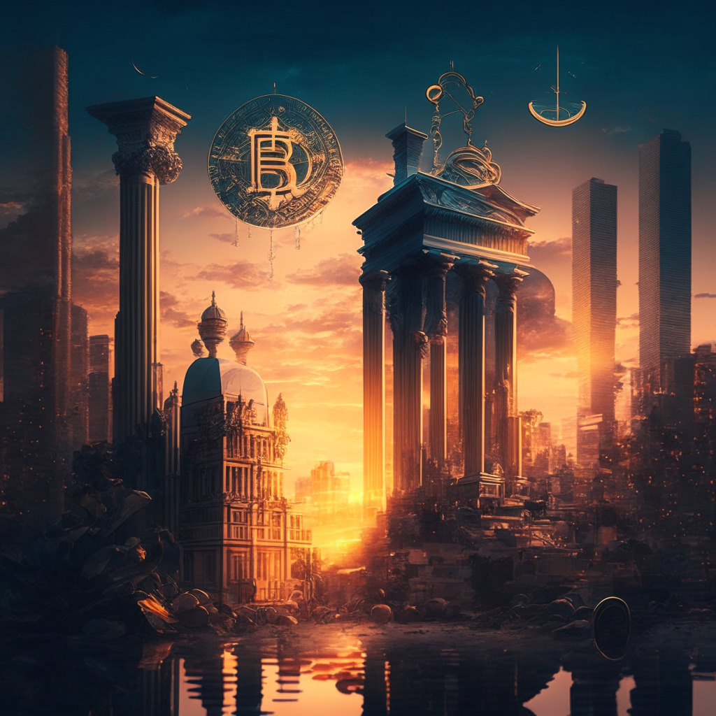 Intricate cityscape with cryptocurrency symbols fading away, Baroque-inspired style, soft twilight hues, legal documents and scales of justice overlapping, somber mood, hint of optimism through a peaceful sunset, tension between innovation and regulation.