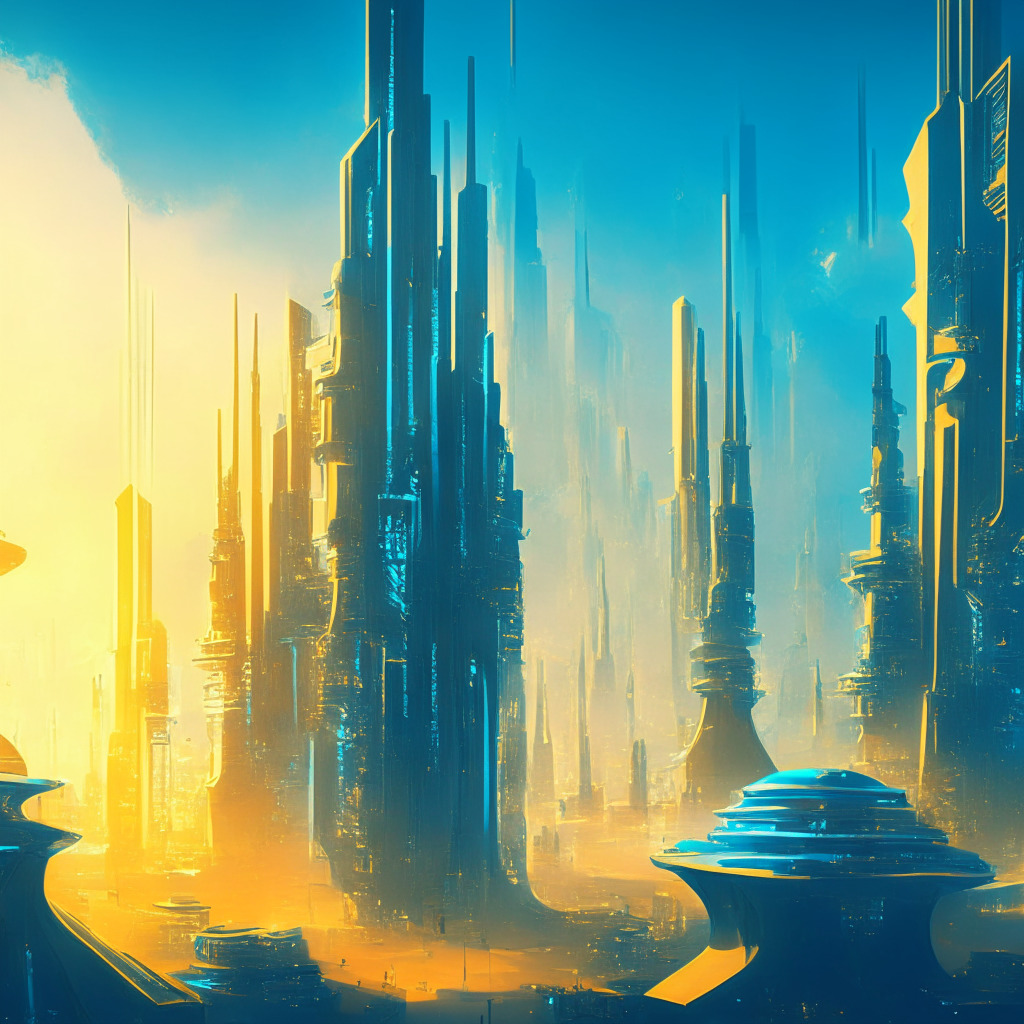 Futuristic city skyline with AI integrated systems, soft blue and warm gold hues, lively startup environment, atmospheric tech aura, dynamic light and shadow interplay, collaborative exchange between government and private sectors, open-source AI symbolism, cautiously optimistic mood, visionary artistic touch.