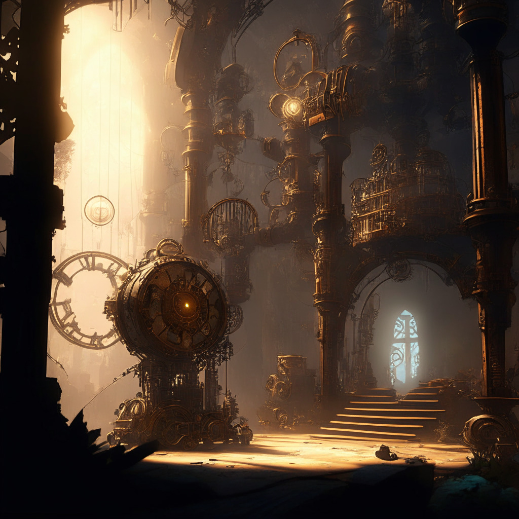 A mysterious, steampunk-inspired gaming landscape filled with intricate machinery, ethereal light casting soft shadows, AI-integrated elements blending with handcrafted designs. The scene evokes a mood of curiosity and wonder, with a hint of underlying tension, reflecting the balance between AI innovation and ethical concerns in the game development industry.