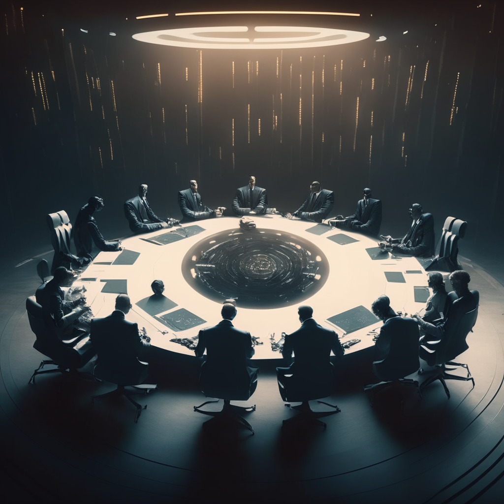 Intricate government meeting scene, diverse AI commission members in discussion, futuristic AI technology in use, balance scale symbolizing AI and crypto regulation, soft warm neutral tones, chiaroscuro lighting, dynamic composition, cautiously optimistic mood