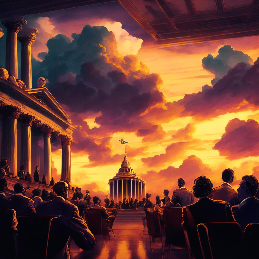 Renaissance-style painting, U.S. congressional hearing, CEA of Ava Labs testifying, tension between growth & regulation, blockchain imagery, glowing sunset contrasts with stormy clouds, optimistic & skeptical individuals, digital elements intermingling, mood: cautiously optimistic, 350 characters.