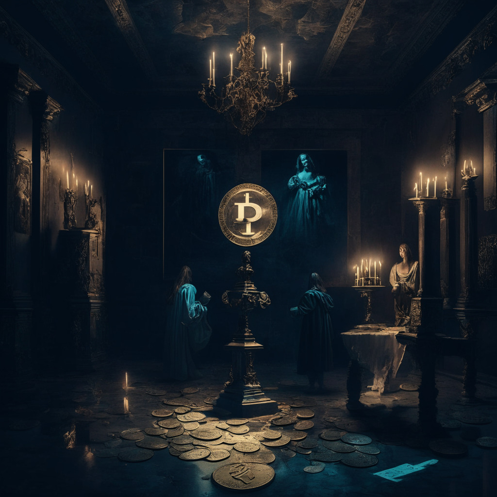 Mysterious world of crypto on social media, tension between protection & transparency, balance scales in a dimly lit environment, baroque art style, moody atmosphere, influencers promoting coins, contrasting responsible advertising approach, informative environment, wise consumer decisions.