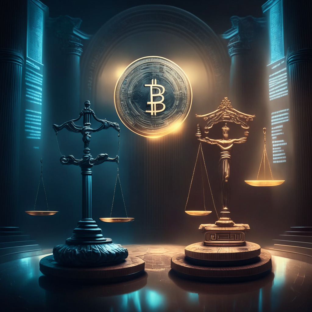 Cryptocurrency regulation vs innovation scene, intricate balance scale, one side with shield and legal symbols, other side with futuristic technology, subdued courtroom background, chiaroscuro lighting, Renaissance painting style, somber mood, hint of optimism with a delicate glow on scale balance.