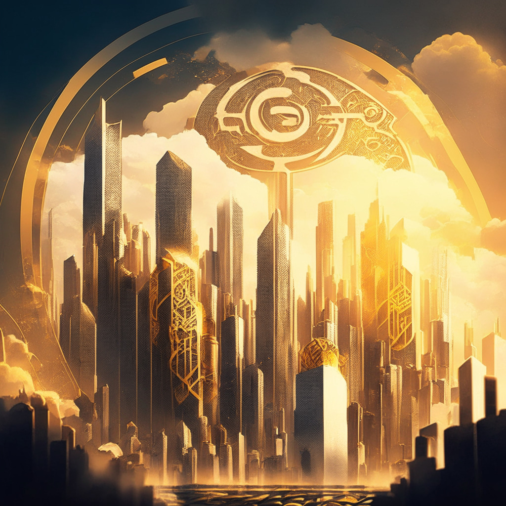 Intricate cityscape with futuristic skyscrapers, a cryptocurrency visual with abstract symbols, contrasting shadows, warm golden light highlighting innovation, the mood is a blend of caution and growth, swirling clouds representing both protection and unbounded potential, G-7 summit in the background.