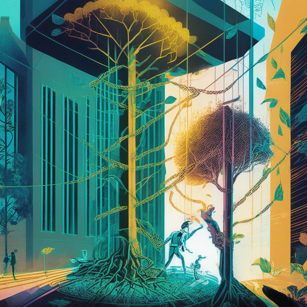 Crypto safety vs growth scene, Australian bank building, tightrope balancing act, cybersecurity shield, flourishing cryptocurrency garden, contrasted shadows with soft glow, limiting chains on crypto tree, secure yet restricted ambiance, delicate balance of protection and innovation, subdued colors, dynamic lines, mixed emotions.