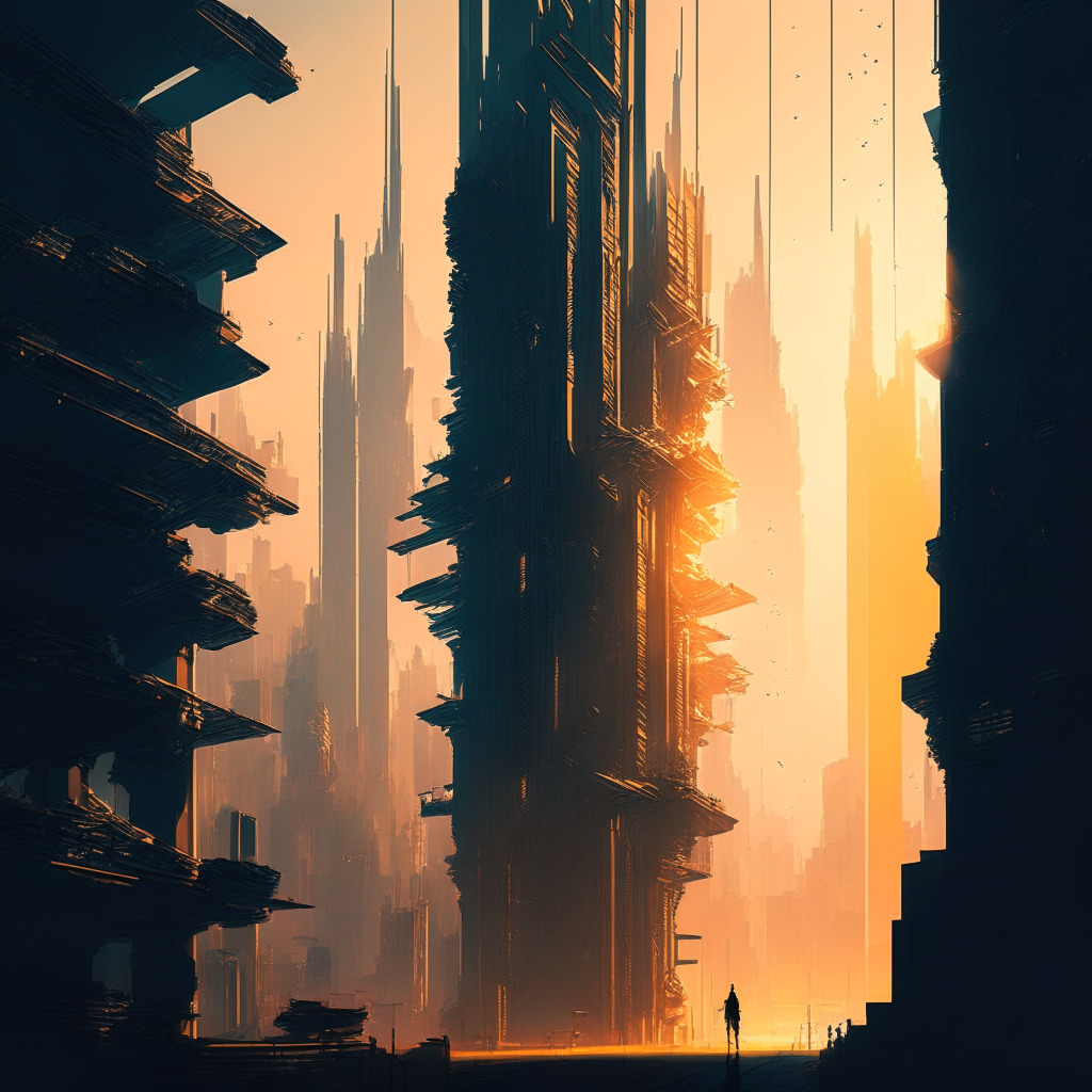 Intricate cityscape, digital assets interwoven, scales of justice, contrasting light and shadows, cyberpunk art style, golden hour light, subtle air of tension and anticipation, dynamic balance between privacy and security, subdued hues reflecting cautious optimism, visual portrayal of legal struggle.