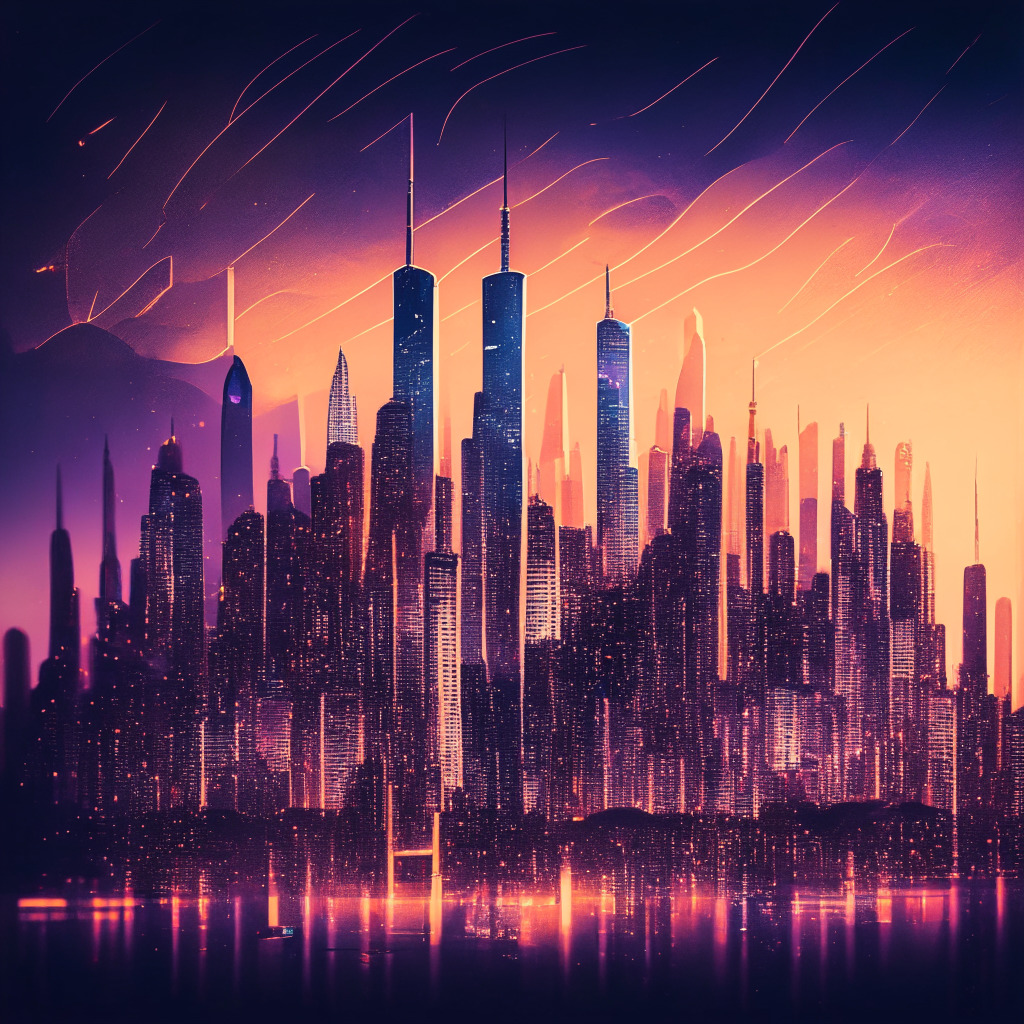 Intricate cityscape with futuristic skyline, BOCI issuing digital notes, Ethereum blockchain symbol, Hong Kong landmarks, diverse crypto coins, twilight sky gradient with soft, warm hues, impressionist style, overall mood of innovation and progress, subtle hints of centralization debate.
