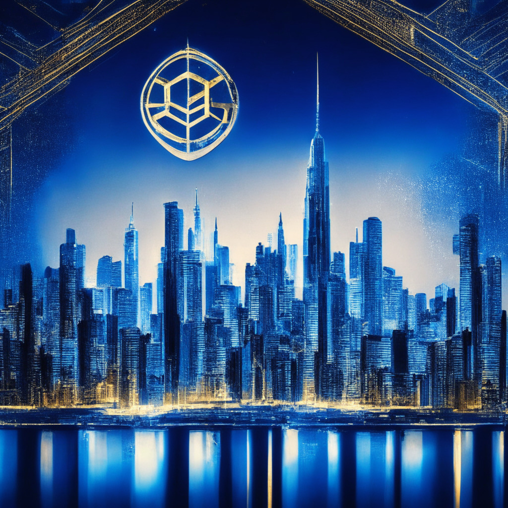 Intricate cityscape, futuristic Hong Kong skyline, Ethereum logo subtly integrated, Bank of China building prominent, blue-tinted color palette with hints of gold, low-angle view, early evening light with glowing city lights, sleek artistic style, sense of innovation and transformation, celebratory mood, emphasizing digital economy growth & crypto adoption.