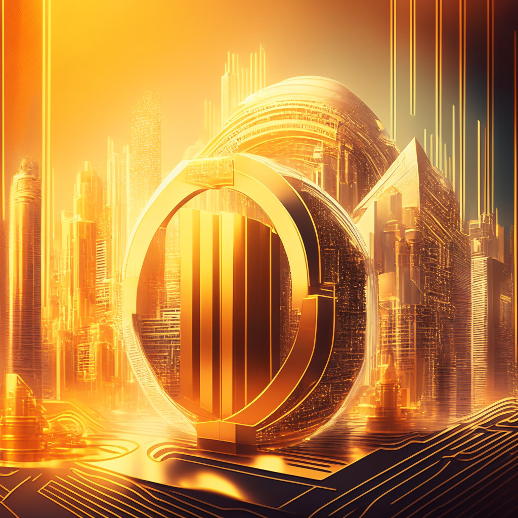 A futuristic digital bank architecture, intricate holographic currency designs, an abstract cityscape backdrop inspired by London, warm, golden hues reflecting optimism, dynamic lines indicating innovation, privacy shield symbol embracing the ambiance, intertwined with skepticism and curiosity.