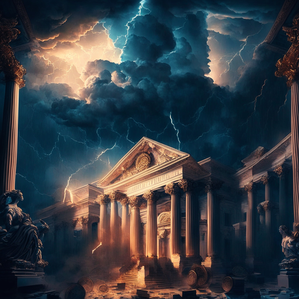 Intricate financial scene, central bank setting with interest rate rising, stormy clouds representing market volatility, glowing light on Bitcoin and Ethereum, Baroque artistic style, chiaroscuro lighting effect, contrasting mood - uncertainty and hope, hint of Renaissance in color palette.