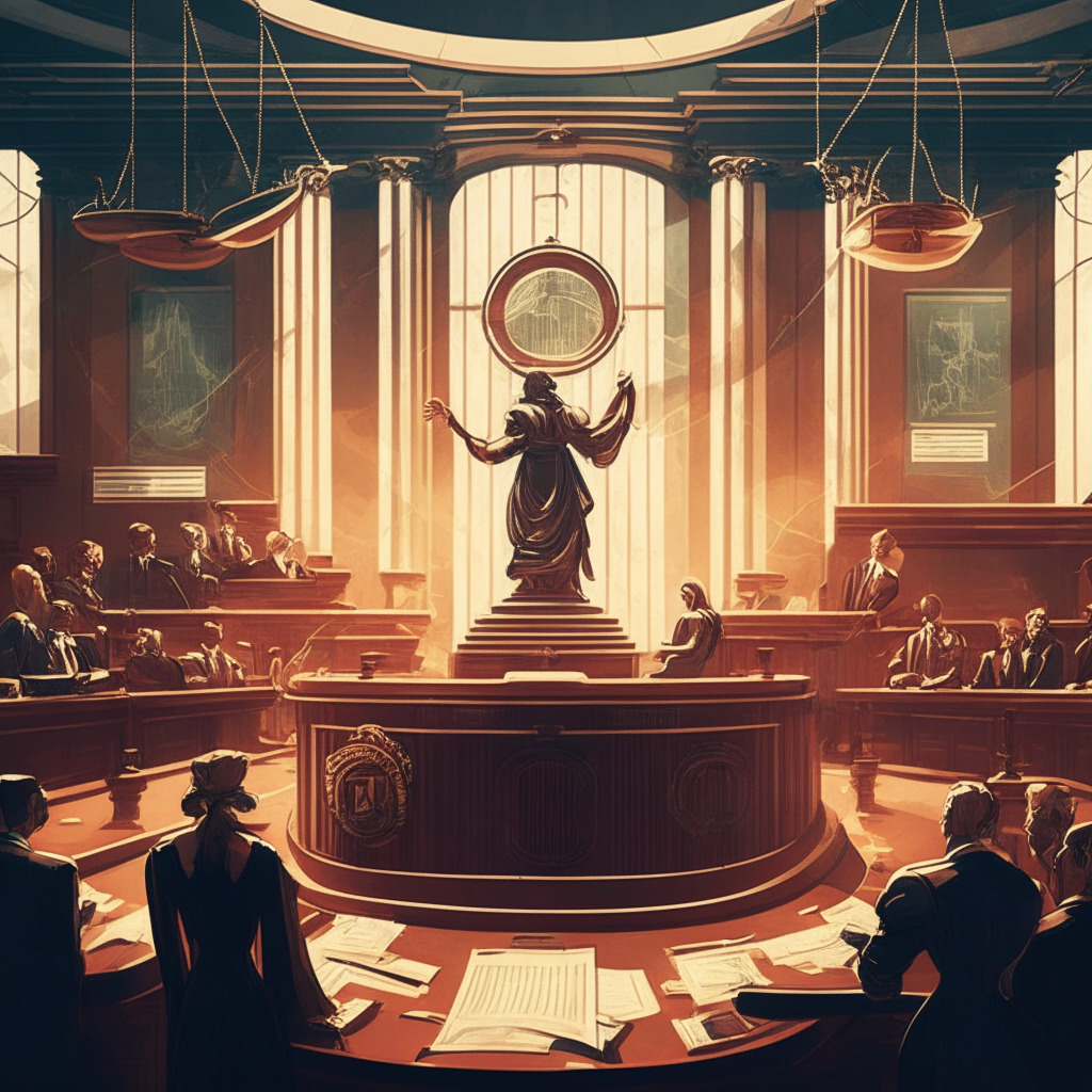 Intricate court scene, judge presiding over case, distressed crypto exchange represented, elegant Art Deco style, warm light filling courtroom, balancing scales symbolizing consumer interests vs. regulation, tense mood, glimpse of people celebrating asset withdrawal, hint of debate on regulatory future.