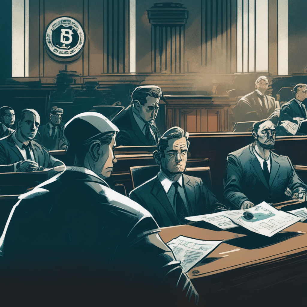Intricate courtroom scene, tense atmosphere, subdued lighting, high contrast, expressionist style. A judge and lawyers focused on documents, BlockFi logo and SEC emblem subtly placed, concerned crypto investors in the background, hints of crumbling balance sheets, stressed faces reflecting the struggle between regulation and growth, ambiguous mood.