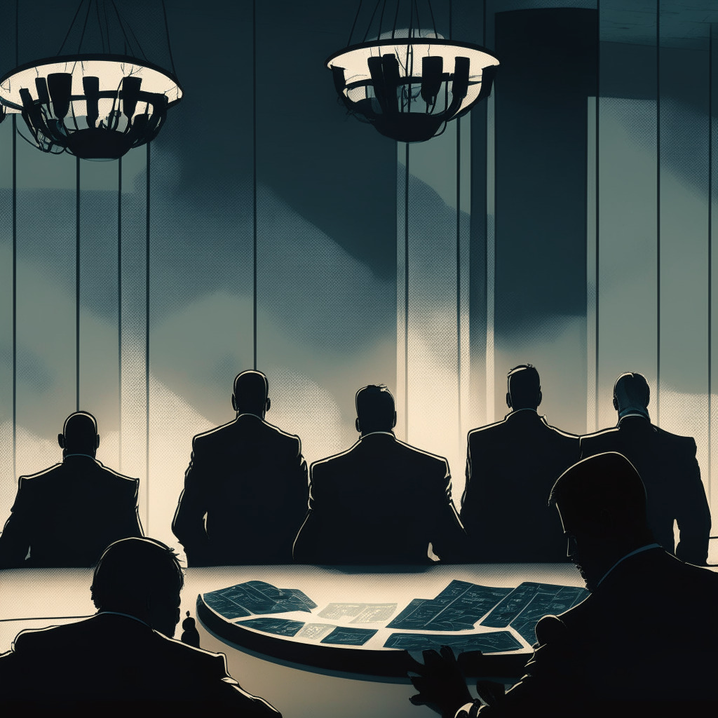 Bankrupt lending firm in shadows, Wintermute entangled in wash trading allegations, darkened courtroom backdrop, dimly lit cryptocurrency symbols, perplexed investors, mood of skepticism and concern, transparency and trust in question, ensuing discussions on crypto regulations, Fahrenheit acquiring devalued assets in the background.