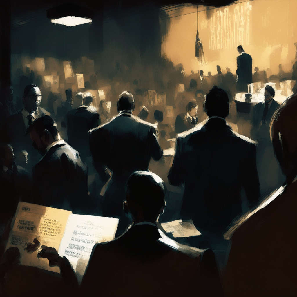 Auction scene with intense bidding, digital art display, NFT collection, uneasy atmosphere, dimmed warm lighting, abstract artistic style, contrasting highlights and shadows, sense of caution and risk, diverse group of bidders, subtle signs of market volatility. (349 characters)