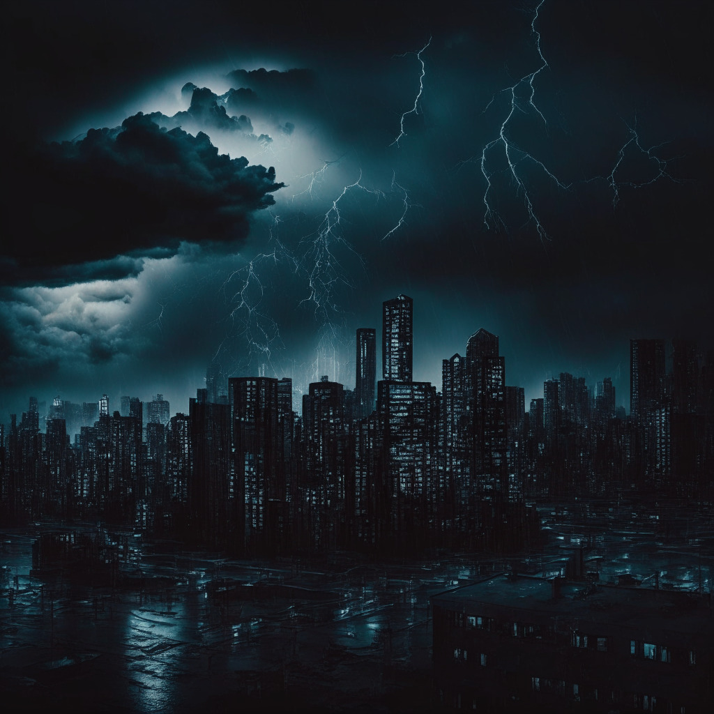 Dark, stormy skyline over a cityscape, bankrupt crypto lender making an $800M ETH staking move, shadows of validators in the queue, dramatic chiaroscuro lighting, sense of urgency and delay, intricate blockchain patterns, hints of Ethereum 2.0 in the distance, mood of uncertainty and anticipation.