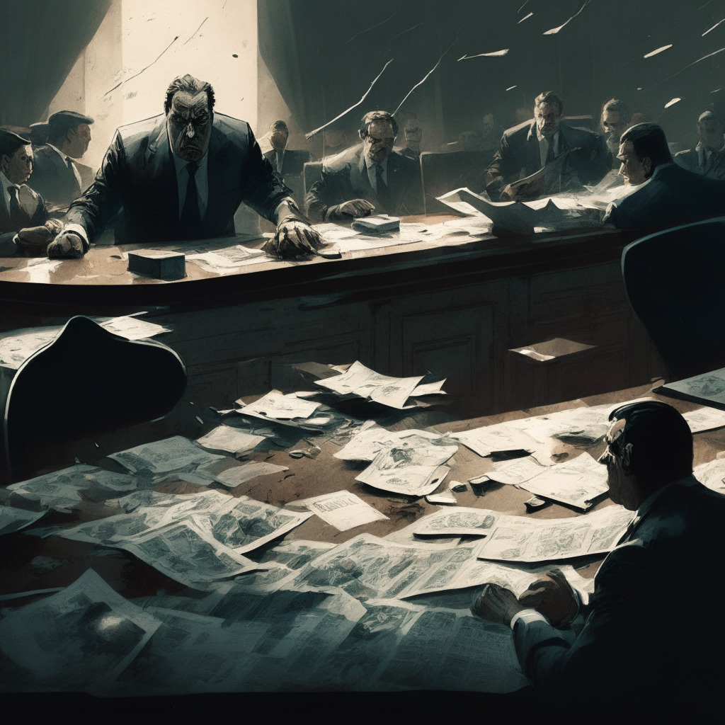 Bankruptcy battle scene, FTX vs Genesis, negotiation table, intense expressions, contrasting lighting, heavy shadows, high-stakes tension, financial documents scattered, digital coins, distressed creditors observing, two sides defending their claims, a looming courtroom backdrop, muted colors, sense of urgency, uncertainty in the air, stormy atmosphere, 350 characters max.