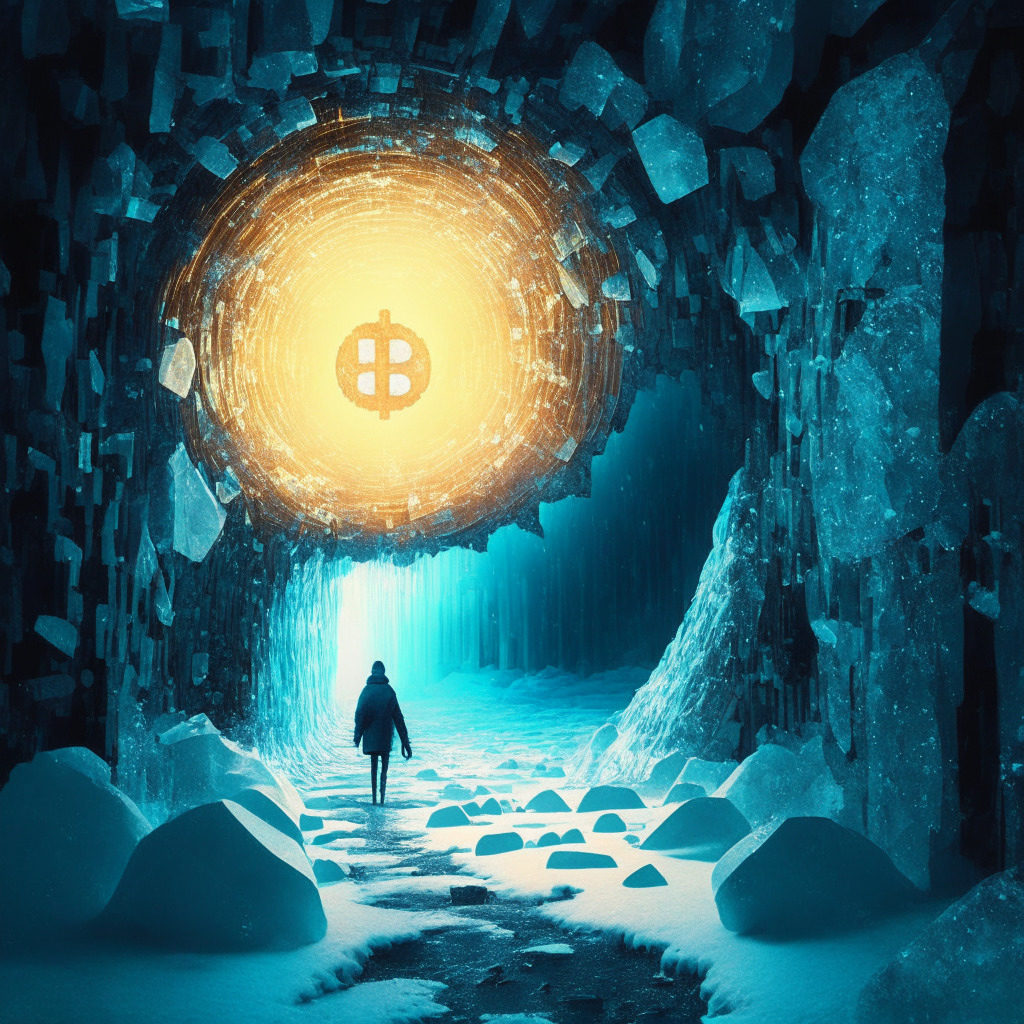 Bankruptcy recovery, reopening crypto platform, cautious investors, debt repayments, light at the end of a tunnel, surrealistic style, soft glowing light, ambivalent mood, navigating uncertainty, intertwining legal complexities, hope amidst frozen assets, digital coin fragments, unfreezing the crypto world.