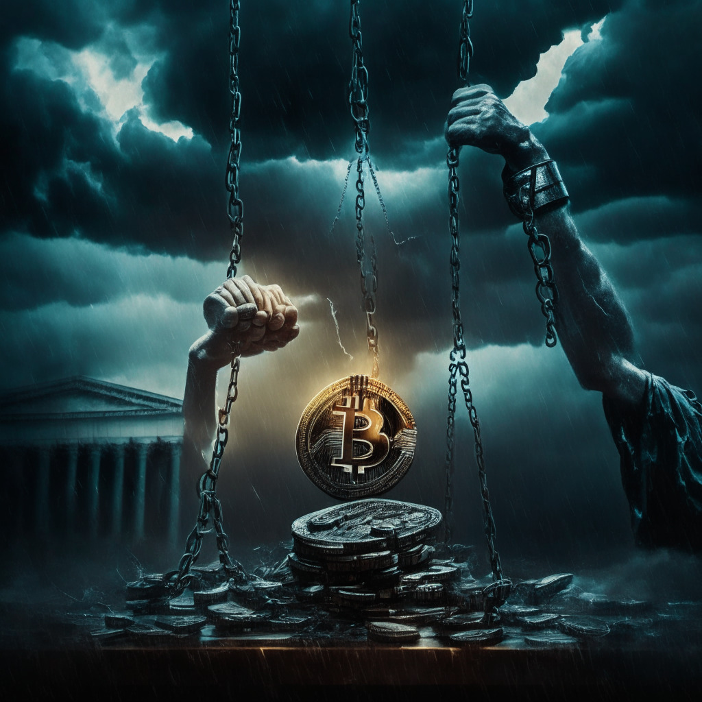 Cryptocurrency bankruptcy battle, legal scales and gavel, FTX vs Genesis text, stormy sky, dark courtroom backdrop, chiaroscuro lighting, intense mood, transparent document overlay, struggling hands reaching for fairness, urgency and broken chains, reflections of determination and caution.