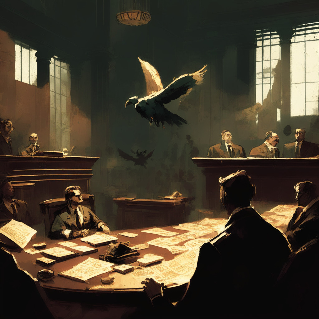 Gloomy courtroom scene with people discussing, a mix of chiaroscuro and impressionist art, dim lighting, somber mood, financial documents scattered, crypto coins in the background, a miner equipment unplugging and a phoenix symbol hinting at rebirth, restructuring theme, muted color palette.