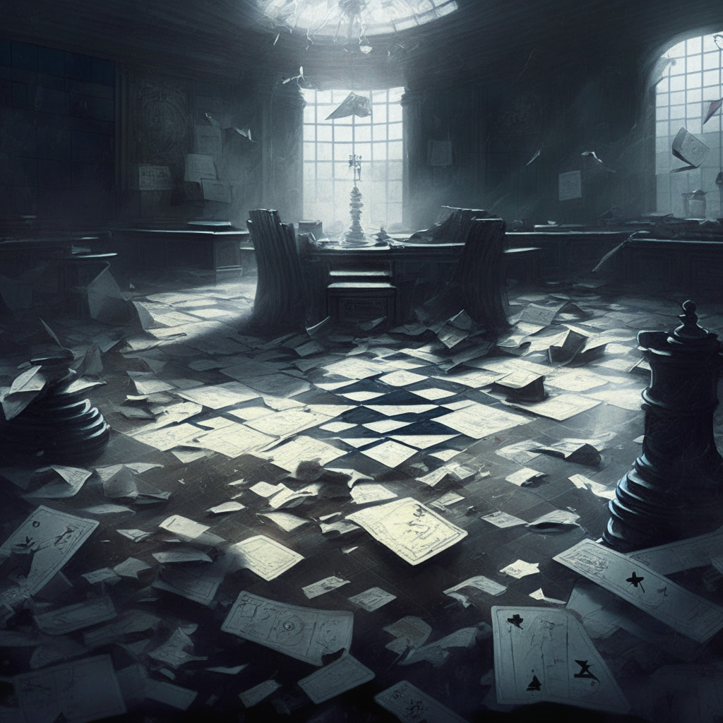 Bankruptcy courtroom, crypto-assets scattered, deteriorating legal documents, chessboard with falling pieces, stormy background, dimly lit setting, surrealistic style, tense atmosphere, contrasting shadows, mood of uncertainty, blurred boundaries between reality and fantasy, hints of financial turmoil, labyrinthine legal battles, cautionary undertones.