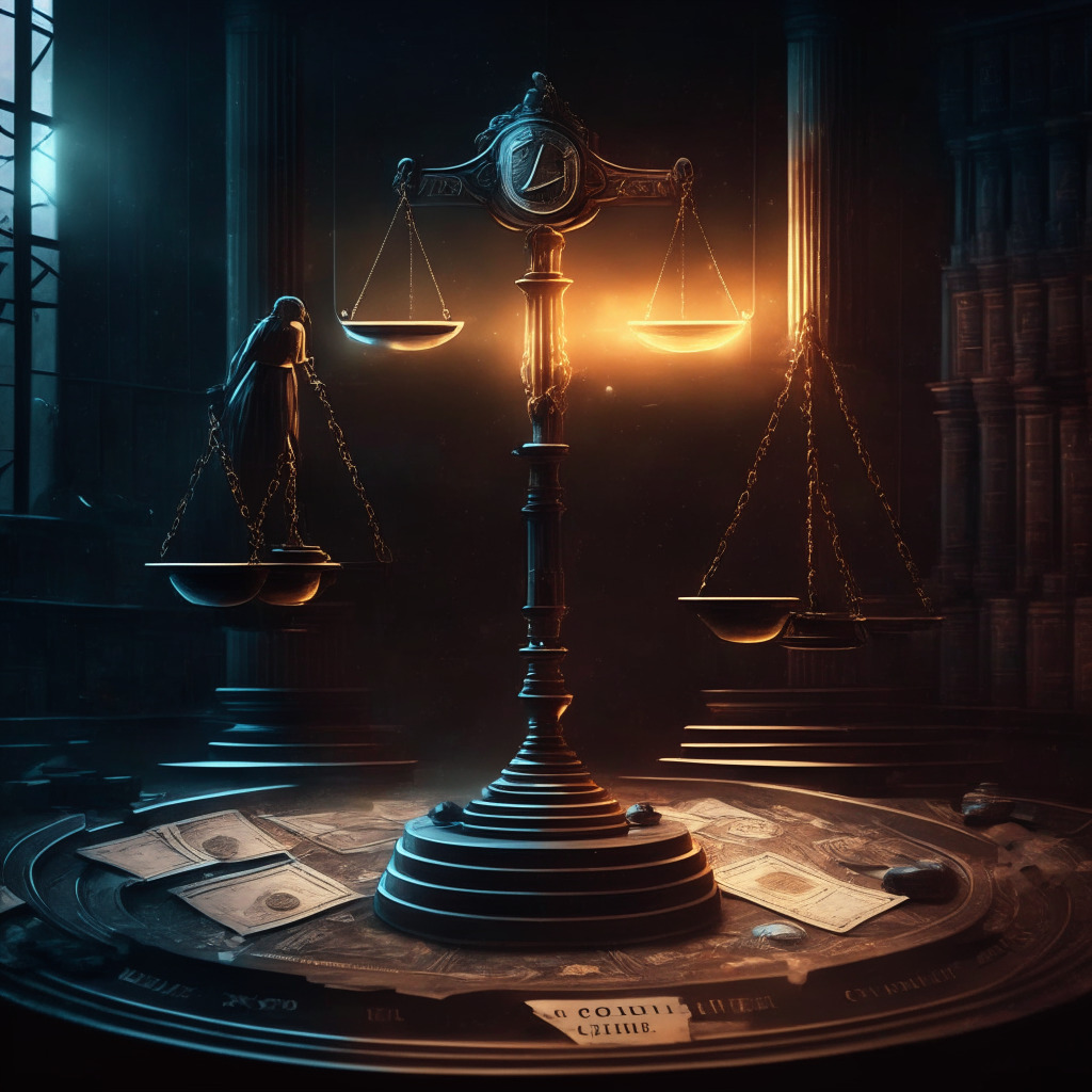Cryptocurrency court battle, Terraform Labs vs. SEC, intricately balanced scales, twilight courtroom, chiaroscuro lighting, Renaissance style, documents & legal texts, somber yet determined mood, subtle crypto symbols merging with law, awaiting vital decision.