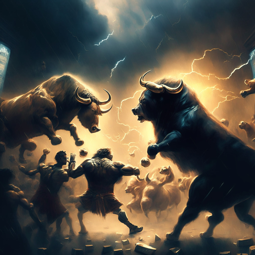Crypto battle scene, bulls vs bears, BTC & ETH forefront, Altcoins in background, Baroque painting style, dramatic chiaroscuro lighting, intense struggle, anticipation in the air, bullish optimism, bearish resistance, victory or defeat uncertainty, in a stormy volatile market, traders watch closely, hint of potential explosive growth.