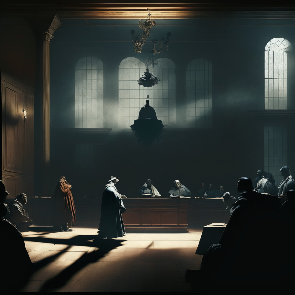 Battle of privacy vs. transparency, court scene set in a dimly-lit room, classic Renaissance painting style, soft shadows, somber mood, contrasting subjects representing media firms & FTX users. Focus on passionate expressions, hinting at tension between public's right to know & individual safety concerns, hidden cryptocurrency player identities.