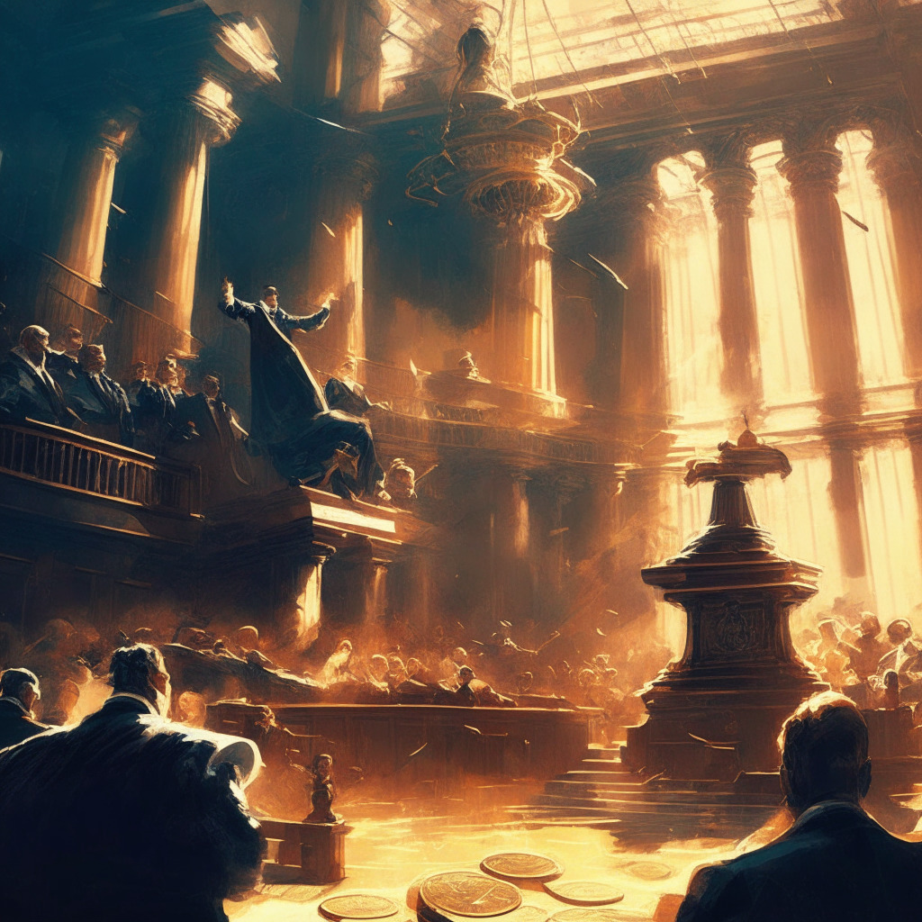 Majestic legal battle scene, scales of justice, crypto coins, united industry, contrasting CEOs, sunlit courtroom, chiaroscuro lighting, impressionist style, somber, resilient mood: SEC vs. crypto giants, charges & differences, market rally, unified call for clarity, precedent-setting outcome.