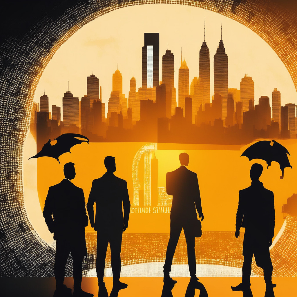 Australian banks vs crypto freedom, silhouetted figures facing off, currency symbols, Blockchain Australia logo, warm colors representing debate, city skyline, dramatic lighting from above, tense atmosphere, contrasting shadows, roundtable discussion, figures of authority, sense of hope, education & dialogue, opt-in protections, open doors, bright future.