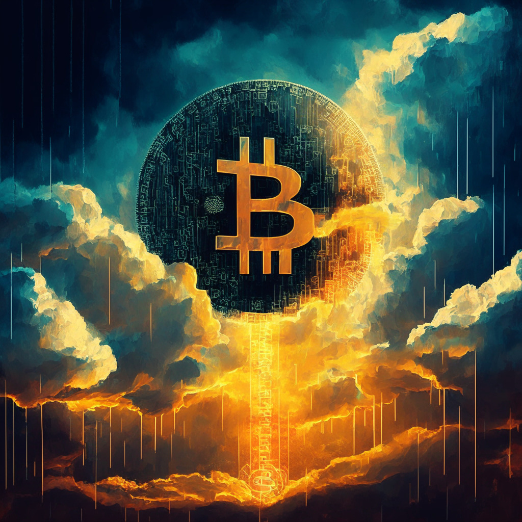 Intricate blockchain design, central bank scale weighing Bitcoin and US economy, gloomy clouds and sunrays, abstract representation of MACD histogram, contrast of warm and cool colors, dramatic chiaroscuro lighting, tense atmosphere, blend of realism and impressionism.