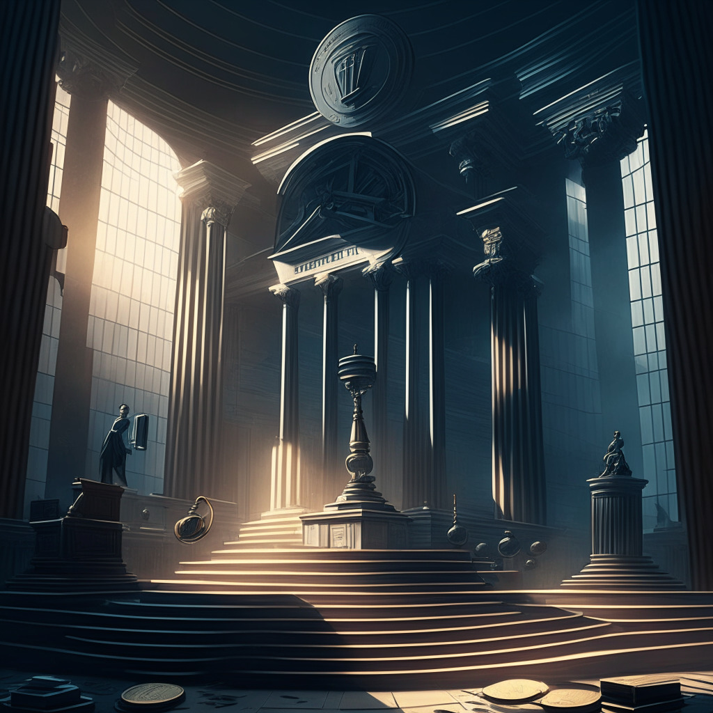 Gloomy government building, intricately-designed scales balancing crypto coins & a gavel, light & shadows in chiaroscuro style, contrasting modern & traditional elements, subdued hues hinting tension. Scene portrays a delicate equilibrium between regulation & innovation in the crypto space.