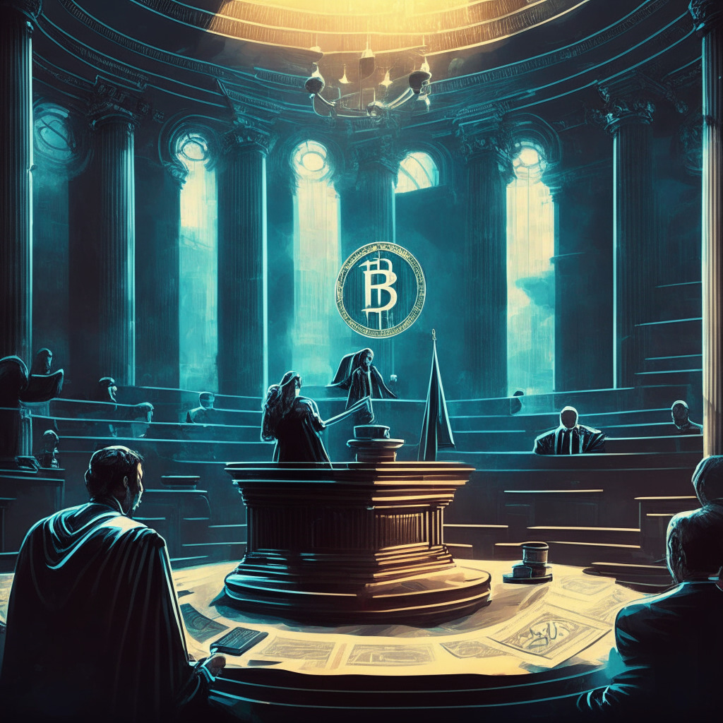 Intricate courtroom scene, stern judge with gavel, orderly legal documents, crypto coins in balance scale, somber mood, cool tones, intense negotiation at center, subdued lighting, reinforced sense of regulation, European landmark in the background, abstract symbols of cryptocurrency compliance.