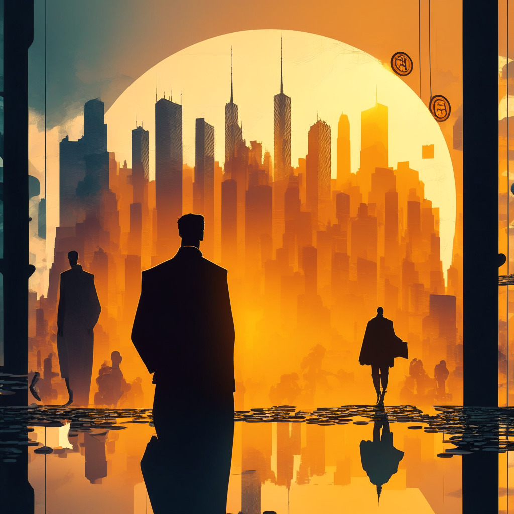 Cryptocurrency regulation scene, balance between security & innovation, imposing authorities, uncertain mood, striking contrasts, artistic European cityscape backdrop, silhouetted crypto users, two-faced coin concept, evening light casting long shadows, subdued color palette, surrealism elements, dramatic atmosphere, intertwining worlds of finance & digital currency.