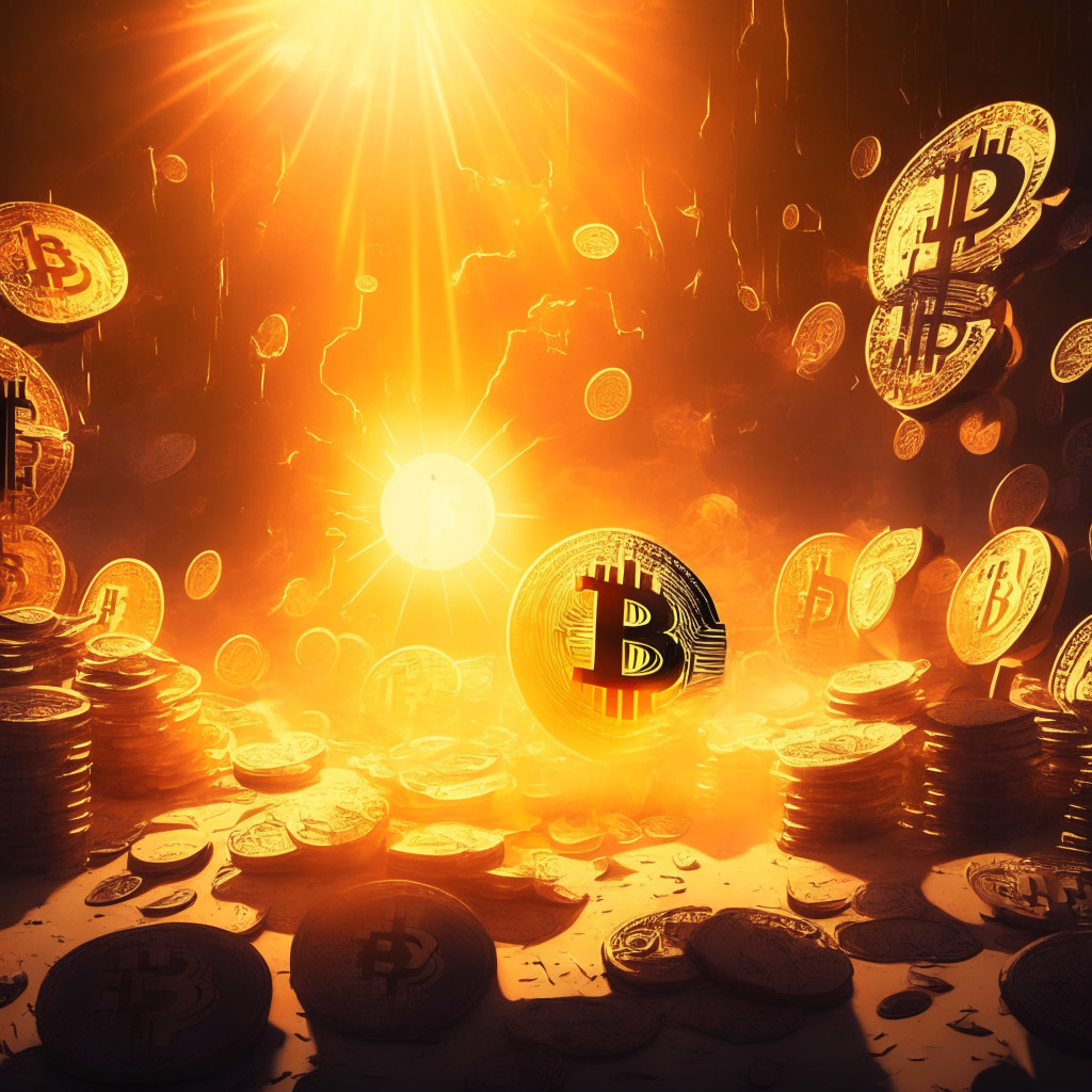 Cryptocurrency surge scene, warm golden hour lighting, optimistic mood, abstract currency symbols ascending, dynamic composition, Bitcoin ETF announcement, various promising cryptos (WSM, IMX, ECOTERRA) in spotlight, Ecoterra recycling concept, Swords of Blood gaming reference.