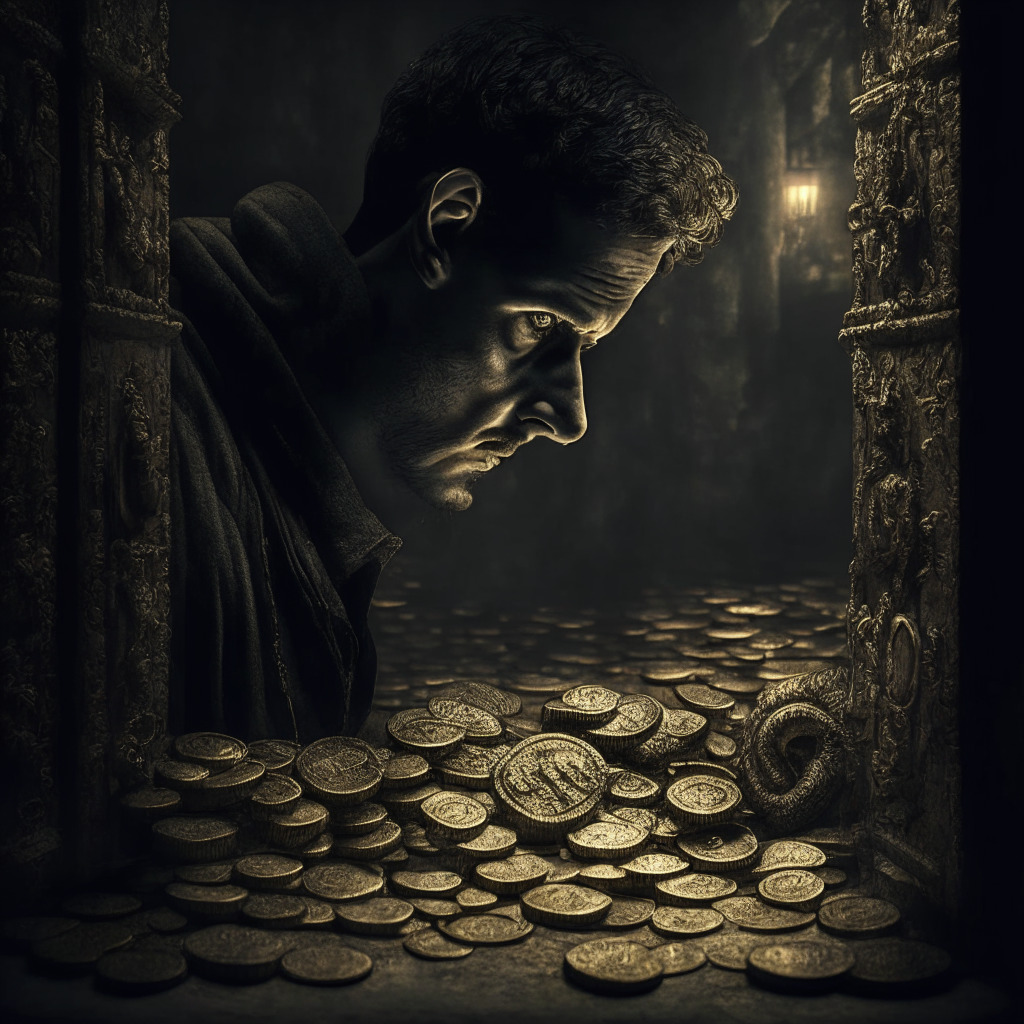 Intricate DeFi scene, scammer lurking behind coins, warning sign, dark & mysterious atmosphere, chiaroscuro lighting, intense shadows, Baroque-inspired style, mood of caution and vigilance, sharp contrasts and details, subtle snake imagery, skeptical expression on user's face, focus on wallet & transaction history.
