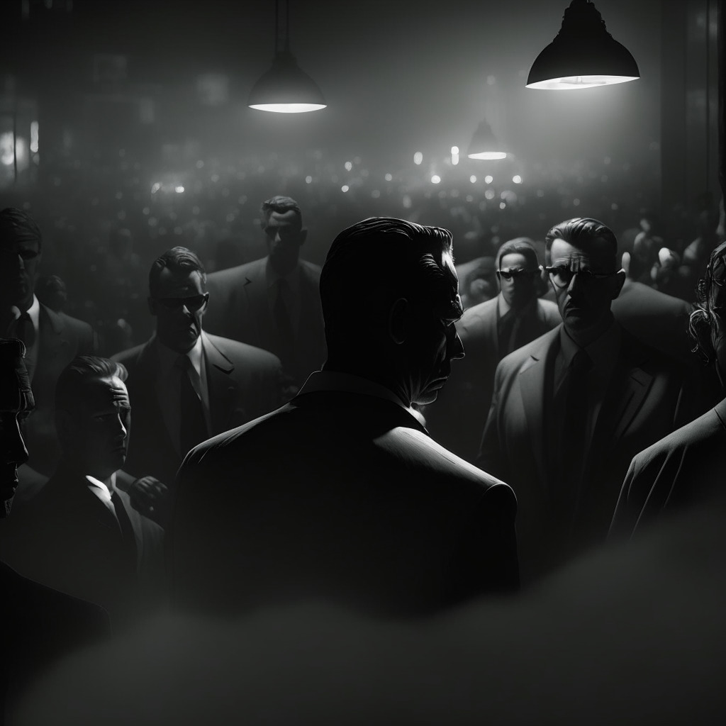 Dramatic, chiaroscuro lighting, tense atmosphere, cryptocurrency traders interacting, shadowy fake regulatory bodies lurking in background, subtle film noir style, skeptical investors verifying information, CSA officials warning everyone, evolving blockchain landscape, vigilant eyes on both regulators and investors.