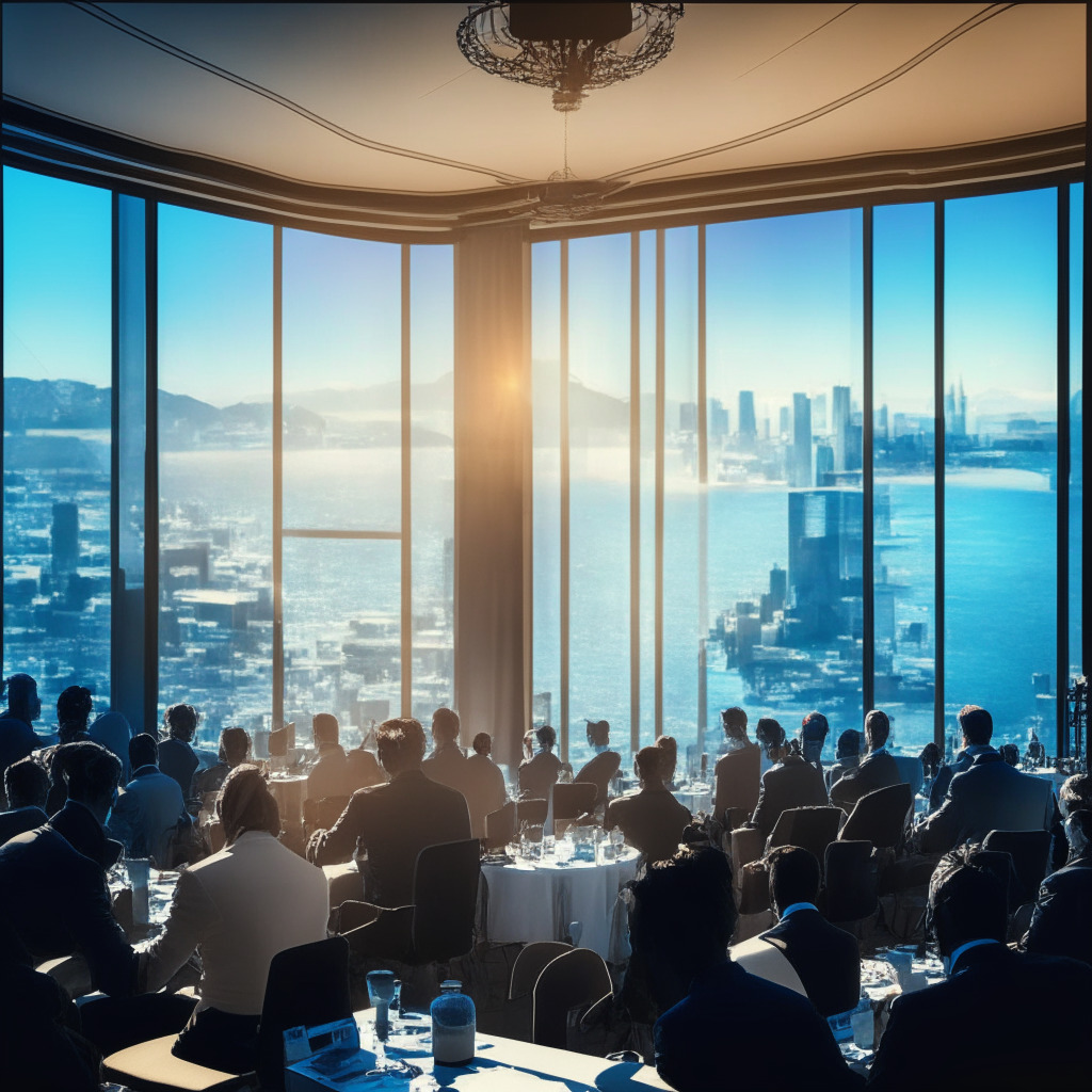 Presidential AI summit scene, San Francisco backdrop, diverse AI experts engaged in discussion, futuristic tech elements, warm, inviting atmosphere, sunlight streaking through large windows, chiaroscuro lighting, innovation & regulation as focal motifs, subtly integrated blockchain elements, air of anticipation & responsibility.