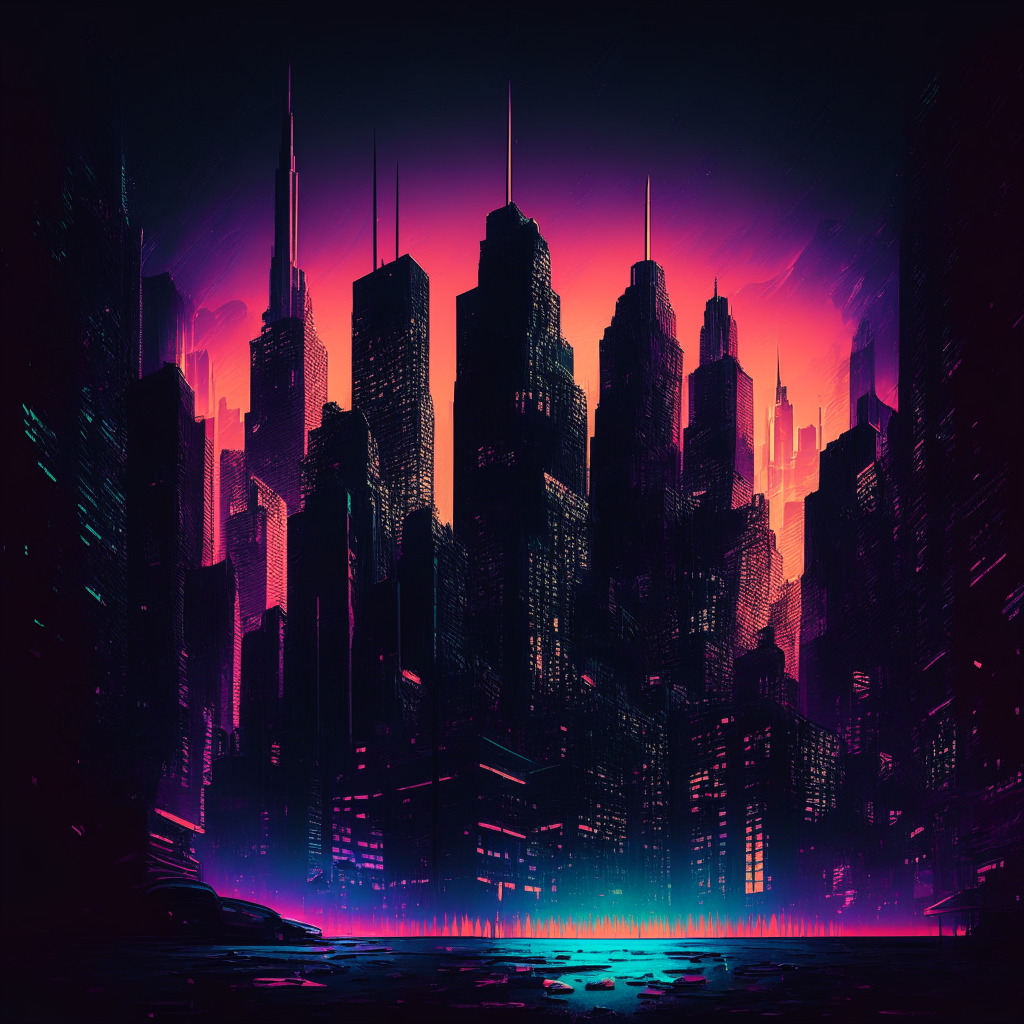 Intricate cityscape with financial district in twilight, glowing neon colors, crashing coin representing Big Eyes coin, distressed investors, moody atmosphere, subtle nods to crypto scams, tense expressions, low-angled light source casting long shadows, art style reminiscent of film noir, air of uncertainty, dark clouds symbolizing lost trust.
