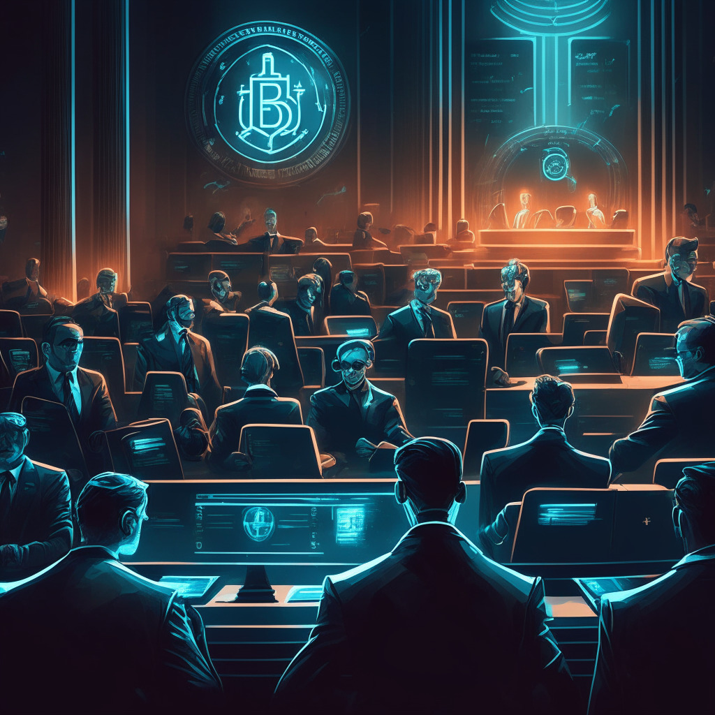 Intricate courtroom scene, diverse crypto tokens as defendants, SEC agents in legal attire, contrasting dark and bright lighting, tense atmosphere, confusion and hesitance on institutionals' faces, retail investors confidently holding crypto, futuristic Web3 app in the background, no brands/logos.