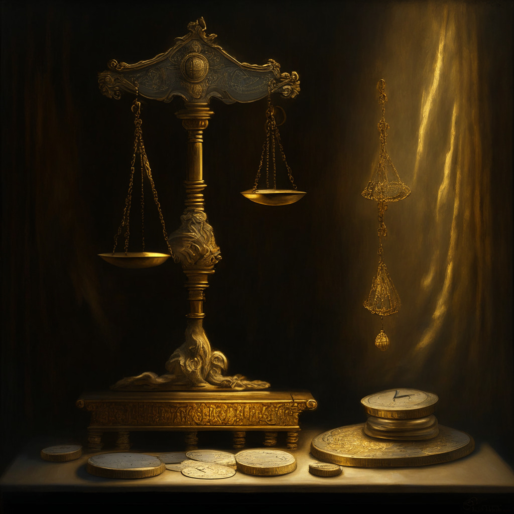 An intricate, baroque-style painting depicting an old-fashioned balance scale in a dimly lit room, One side of the scale contains a pile of symbolic privacy currency tokens radiating golden light, On the other side, a scroll labelled ‘Regulations’ sits, casting a silver gleam. Stillness prevails, indicating a tense balance, hinting at the conflict between innovation and regulation in the crypto space.