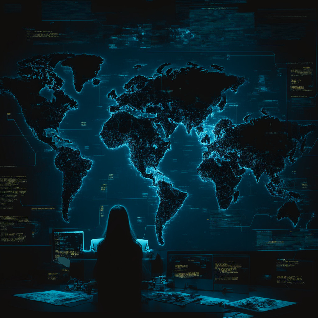 Cryptocurrency exchange battle against fraud, global regulatory pressure landscape, CEO dismissing scammer entity, delicate balance between innovation and market safety, dark office with map highlighting Netherlands, Cyprus, Canada and Australia, bold artistic strokes, chiaroscuro lighting, ominous mood. (350 characters)