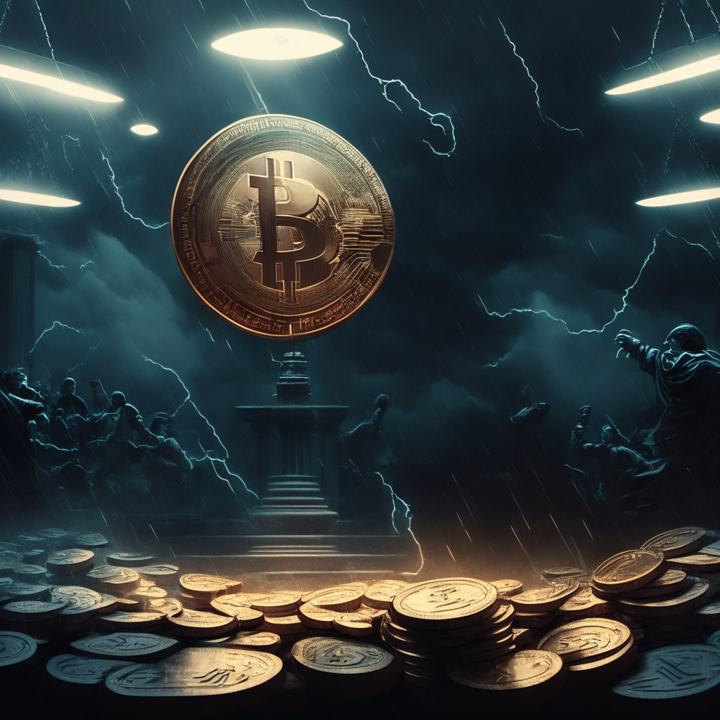 Cryptocurrency exchange battle with SEC, a pivotal moment for industry regulation, dramatic courtroom with tension, warm but suspenseful lighting, judicial scales symbolizing balance, Ether coins, Ripple logo subtly in background, contrasting shades of currency bills, an intense stormy atmosphere.