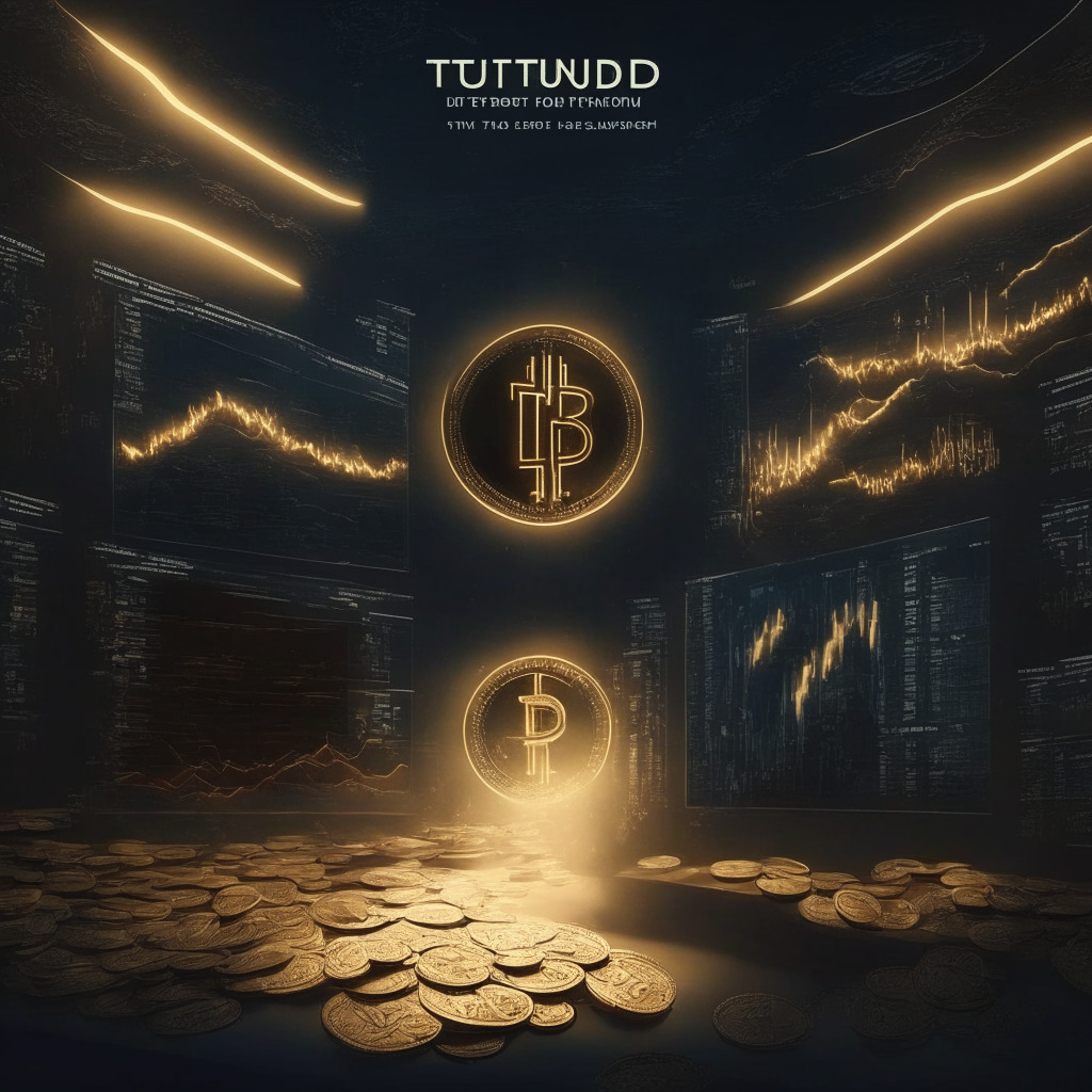 Cryptocurrency exchange scene, TUSD coin prominence, artistic financial market visualization, chiaroscuro light setting, dynamic motion, Binance resilience, regulatory challenges ambiance, hint of uncertainty, optimism on TrueUSD growth, serene mood.