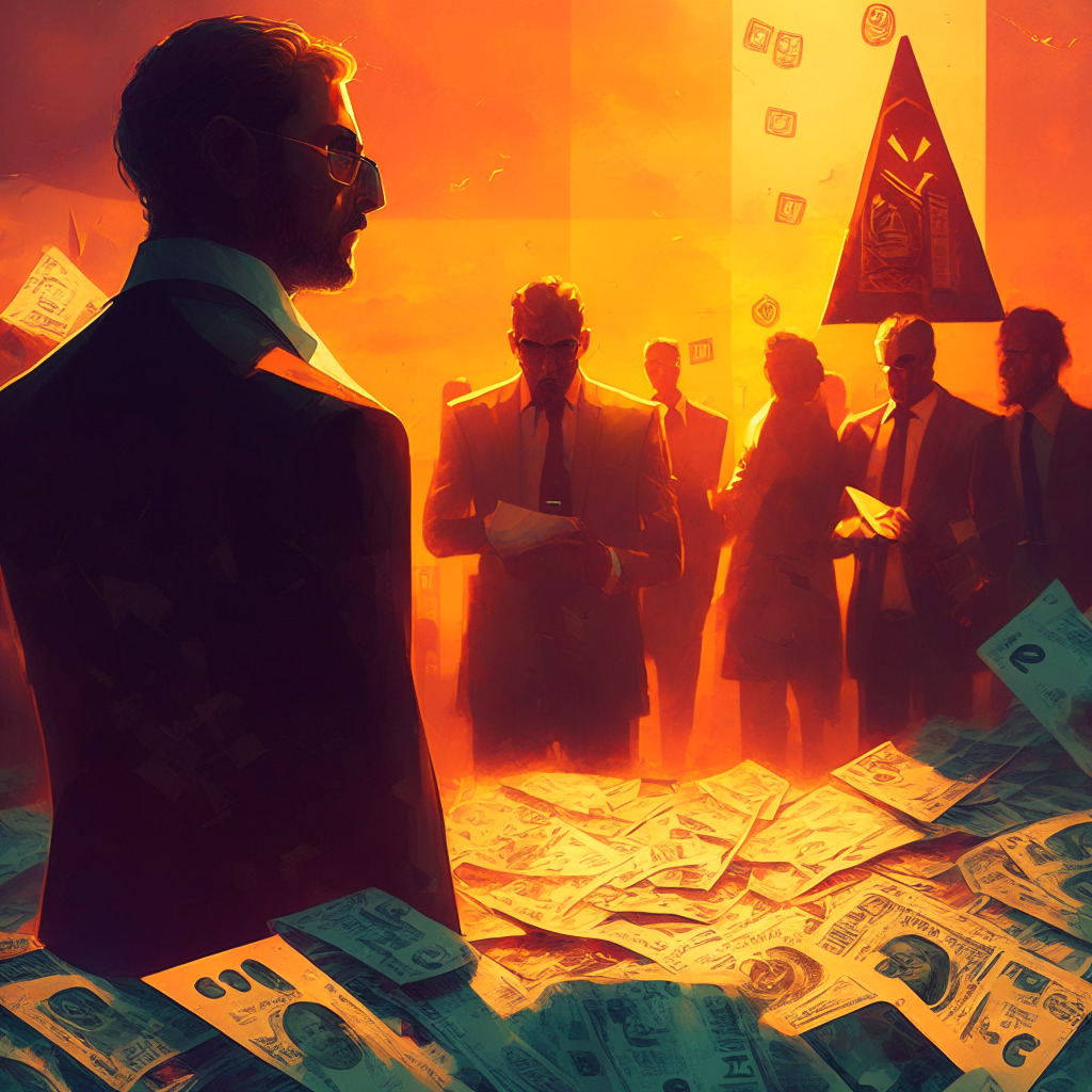 Cryptocurrency exchange under scrutiny, Brazilian director summoned, parliament involvement, global regulatory challenges, pyramid schemes, asset transfers, escalating tension, sunset light casting doubt, contrasting warm and cool colors, intense atmosphere, crystal-clear focus on the main character, subtle chaos in the background, somber mood.