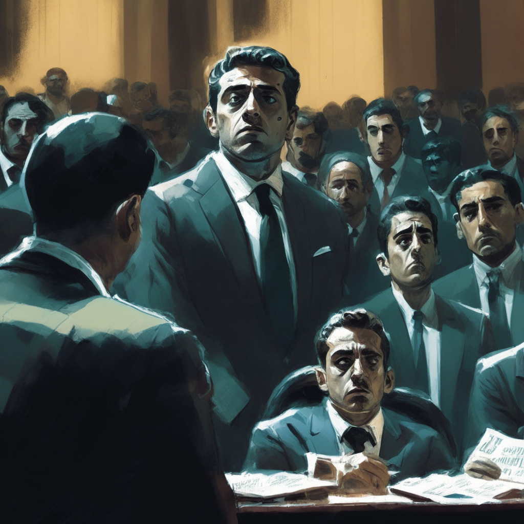 Intricate courtroom scene, tense atmosphere, low-lit setting, impressionist style, central figure in a suit (representing Guilherme Haddad), apprehensive expressions, discussion over pyramid schemes involving cryptocurrencies, international flags to symbolize global regulatory crackdowns, mood of confrontation and scrutiny.