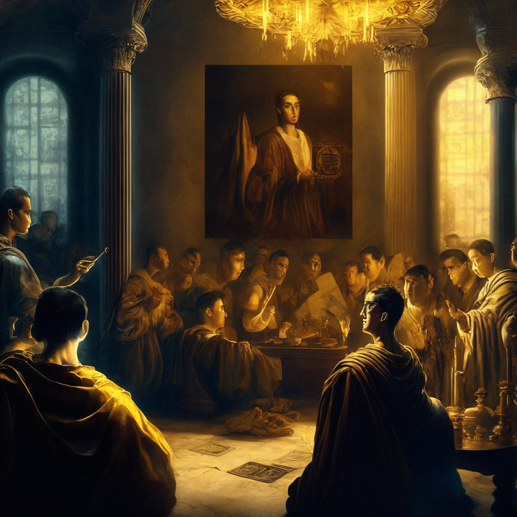 Cryptocurrency exchange scene, chiaroscuro lighting, Renaissance-style painting, Binance CEO supporting new exchange EDX, traditional financial powerhouses backing EDX, cautious optimism amid regulatory scrutiny, Bitcoin, Ethereum, Litecoin, Bitcoin Cash trading, balance between innovation and decentralization values, scene evoking contemplation and anticipation.