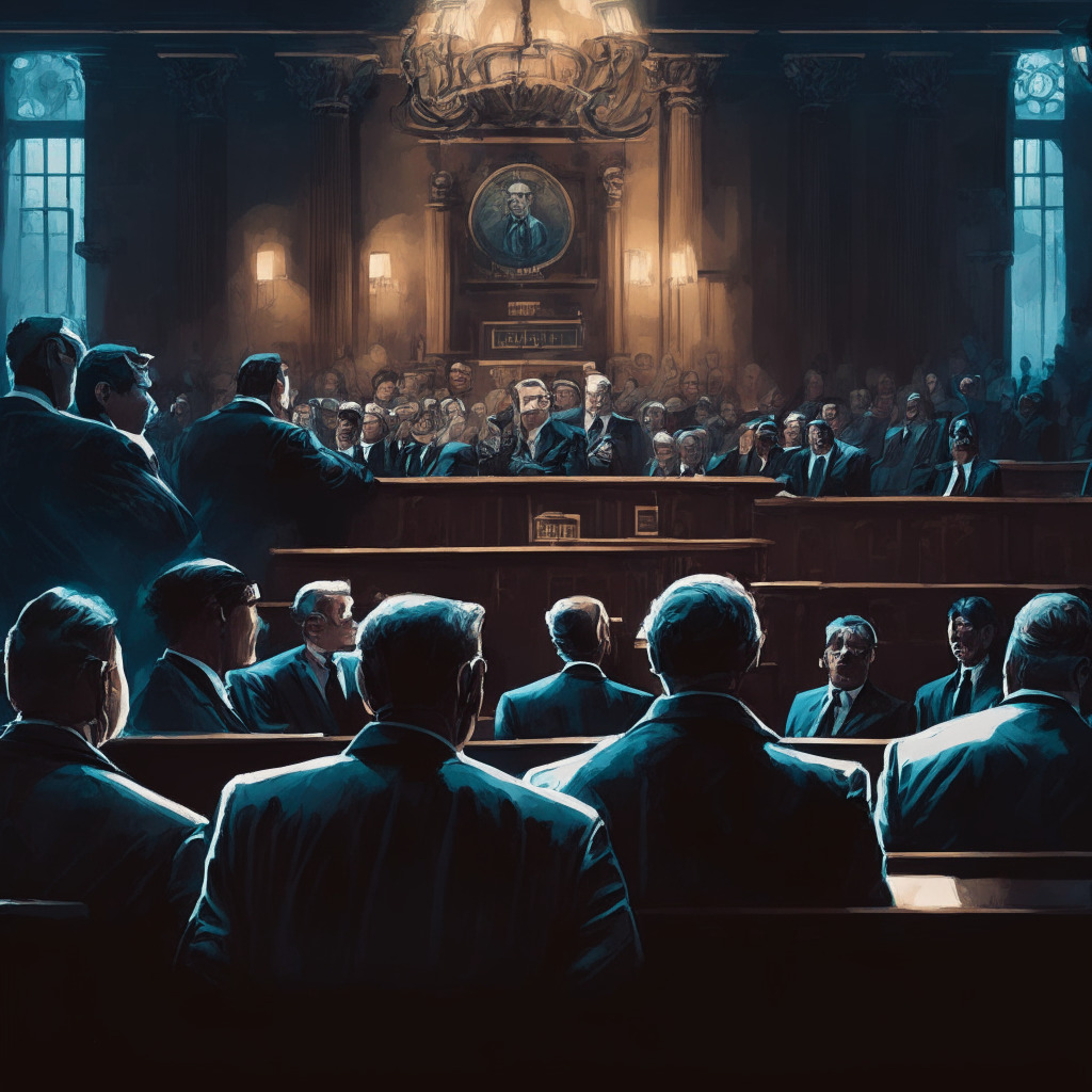 Intricate courtroom scene, crypto exchange CEO at the stand, dramatic chiaroscuro lighting, Baroque-inspired painting style, tense atmosphere with prominent US politicians and regulators watching. SEC lawsuit, divided crypto community, curious spectators eager for truth and justice, and an air of uncertainty for the crypto industry's future.