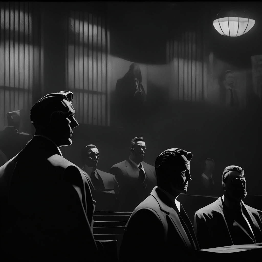 Intricate courtroom scene, dark and moody atmosphere, contrasting light illuminating the SEC and Binance CEOs, abstract representation of cryptocurrency in the background, tense facial expressions and body language, subtle monochromatic color palette, courtroom shadows cast on the wall, 1940s film noir-inspired style.