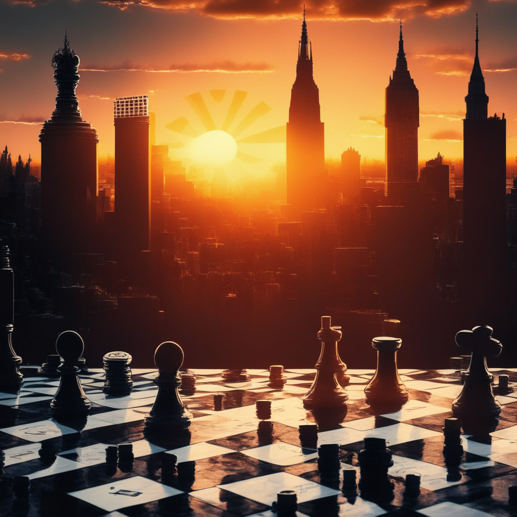Cryptocurrency exchange abandoning UK registration, sun setting over London skyline, tense atmosphere, monochromatic color scheme, subtle accents of vibrant cryptocurrency symbols, traces of paperwork flying in the background, financial district cast in shadows, a chessboard with pieces symbolizing regulatory bodies and the crypto industry.